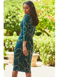 Green & Gold Chain Print Knot Front Midi Jersey Dress - 2