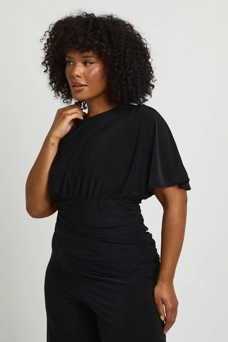 Plus Angel Sleeve Ruched Asymmetric Waist Jumpsuit - black - 1