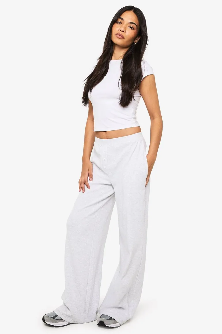 Rib Straight Leg Trouser with Henley Button Detail - ash grey - 2