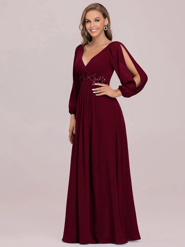 Long-Sleeve Deep V-Neck A-Line Floor-Length Evening Dress - 1