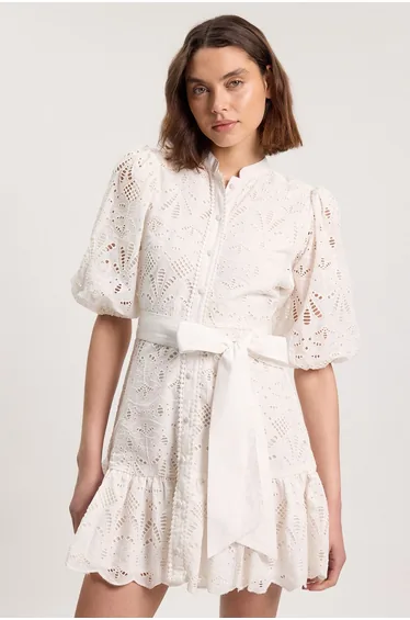 Scalloped Hem Broderie Mini Shirt Dress