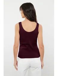 Claret Red Fitted/Body Fitted Pool Collar Elastic Knitted Tank Top - 3