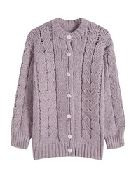 Soft-Toned Buttoned Chunky Hand-Knit Cardigan in Lilac - 2