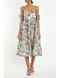 Amelia Blue Embroidery Bardot Skater Dress