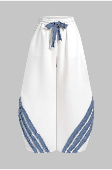 Striped Patchwork Denim Tie-Up Wide Leg Pants