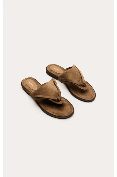 Taupe Faux Suede High Vamp Toe Thong Sandals