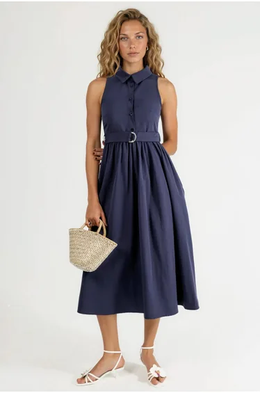 BUSEM Belted Shirt Collar Midi Dress