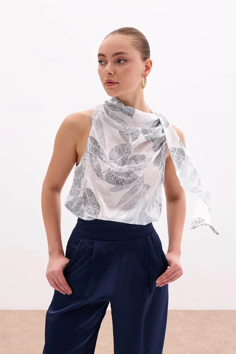 Patterned Blouse with Scarf - 2