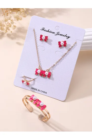 Girls Pink Bow Charm And Pearl Necklace, Bracelet, Ring and Earrings Set