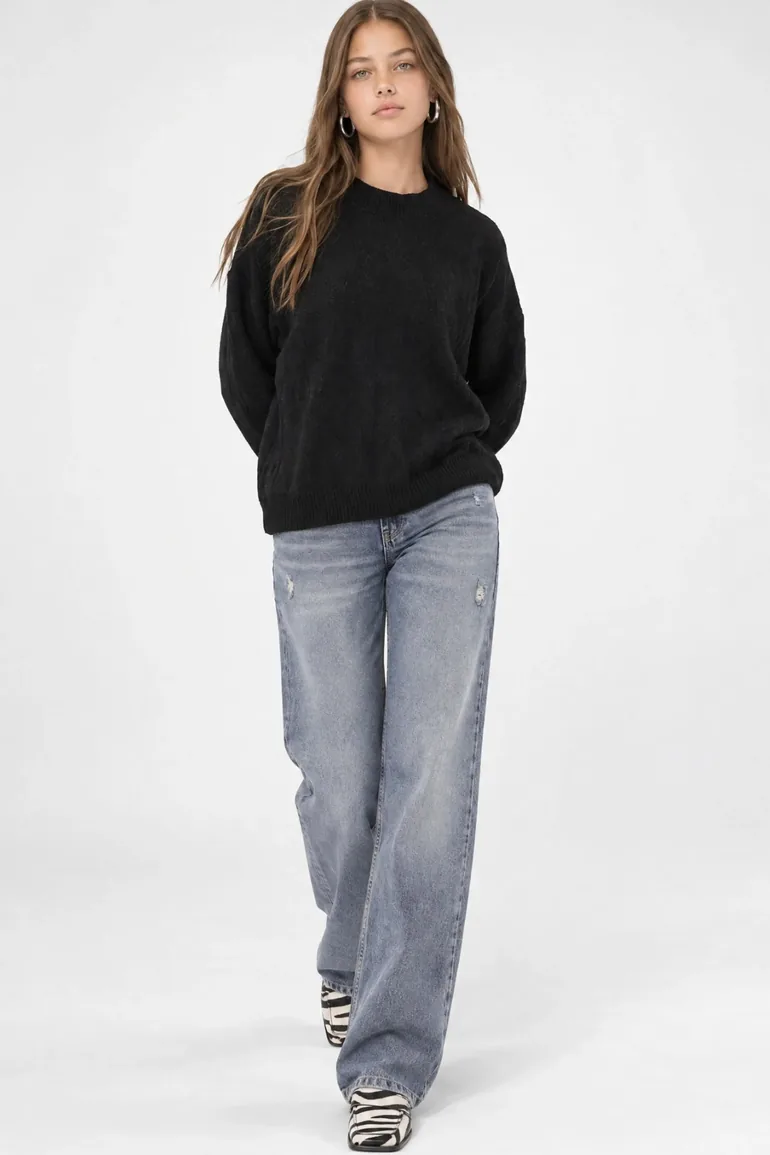 Mixray Ribbed Knitwear Pullover Sweater with Hair Braid Pattern - 2