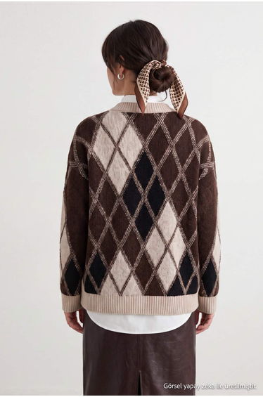 Stone Soft Textured Plaid / Checkered Thick Oversize Crew Neck Knitwear Sweater product thumbnail 3