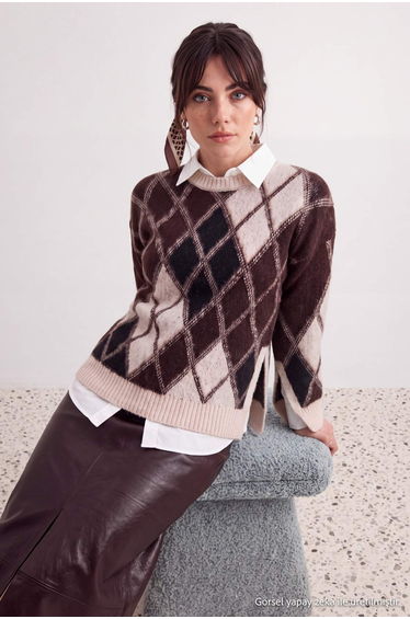 Stone Soft Textured Plaid / Checkered Thick Oversize Crew Neck Knitwear Sweater