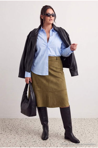 Khaki a Line Midi Woven Suede Skirt product thumbnail 2