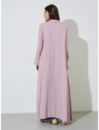 Pink Front Open Collar Abaya with Contrast Cuffs - 4
