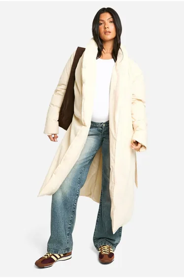 Maternity Belted Duvet Puffer Coat - cream