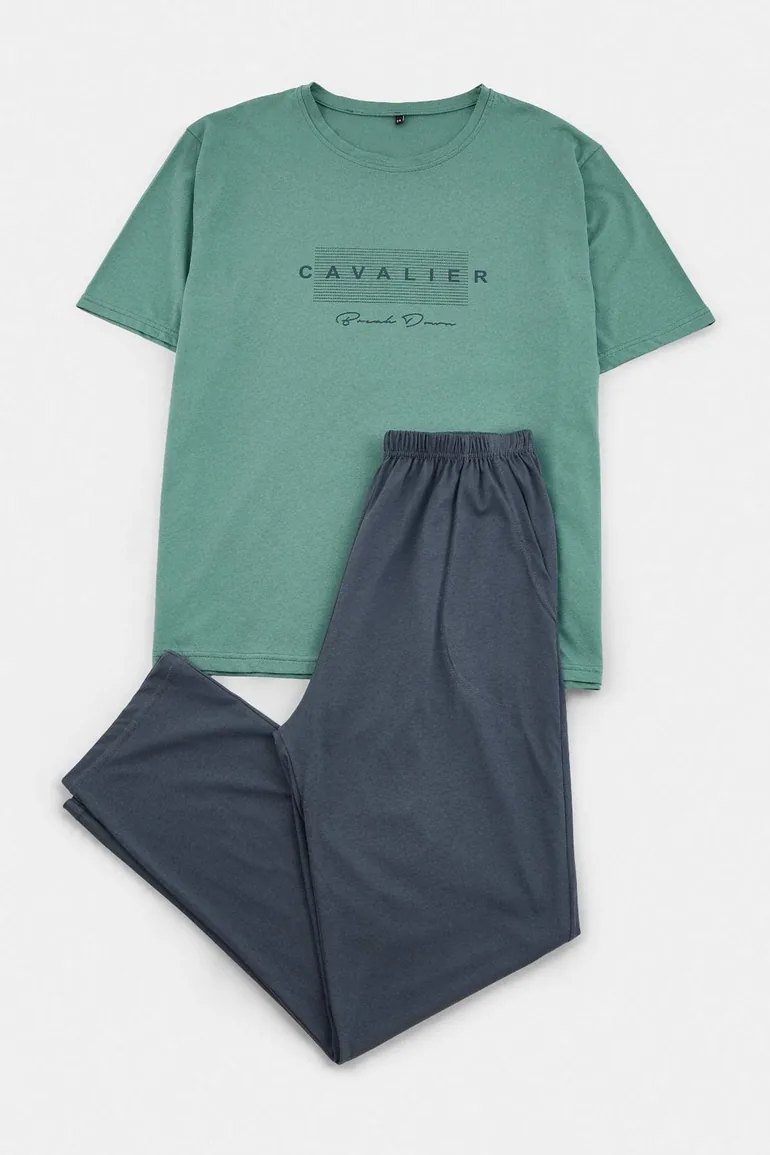 Green Regular Slogan Homewear Large Size Pajama Set - 1
