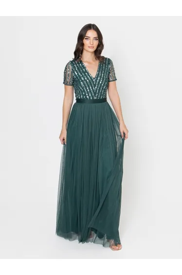 Maya Emerald Green Stripe Embellished Maxi Dress With Sash Belt