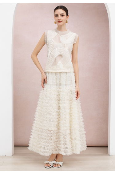 Cloud-Like Tiered Ruffle Tulle Maxi Skirt in Cream for Wedding Guest & Bridal Events