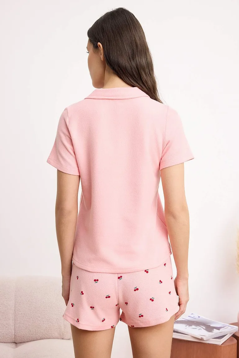 Pink Cherry Embroidered Soft Tuşe Waffle Knitted Pajama Set - 3