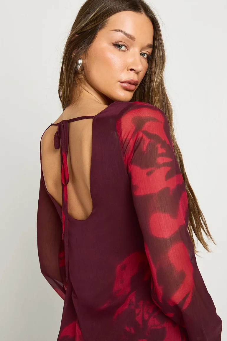 Floral Long Sleeve Slip Dress - burgundy - 3