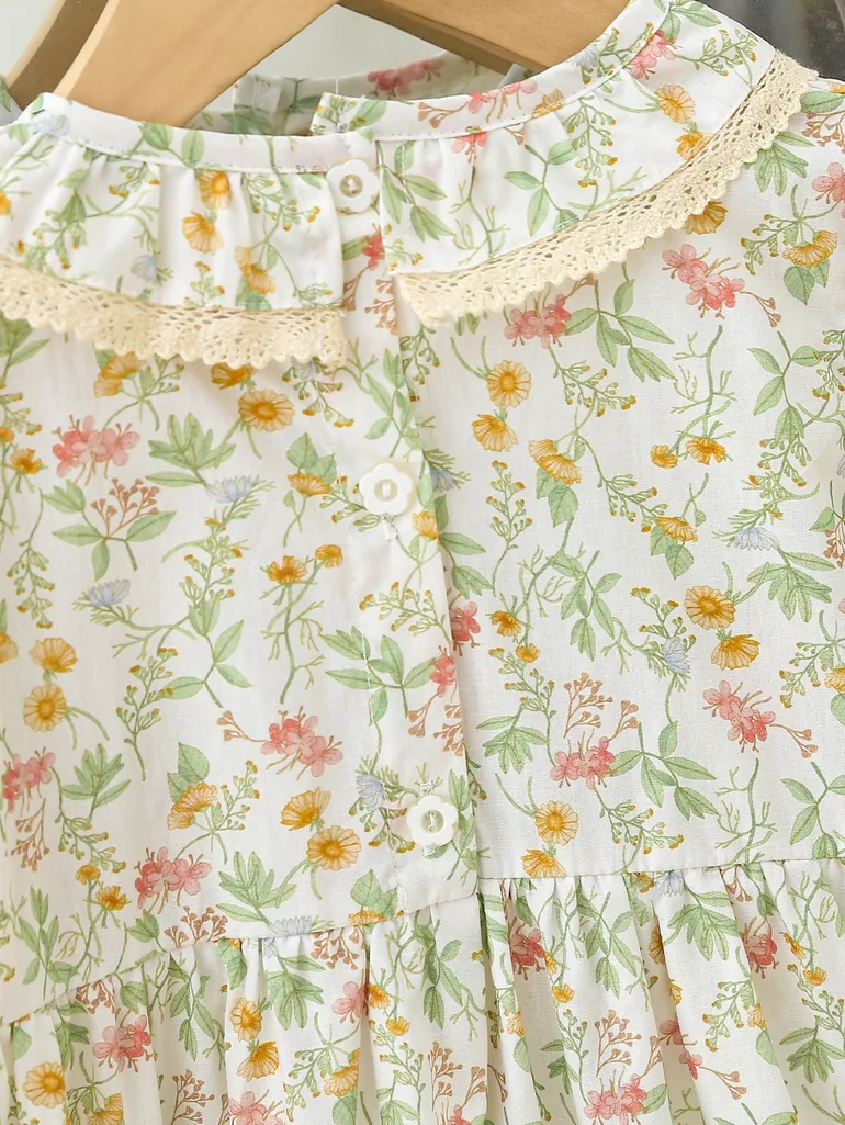 Girls Floral Print Smocked A-Line Dress - 5