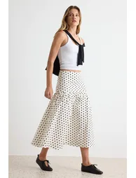 White Polka Dot Side Tie Midi Flared Skirt