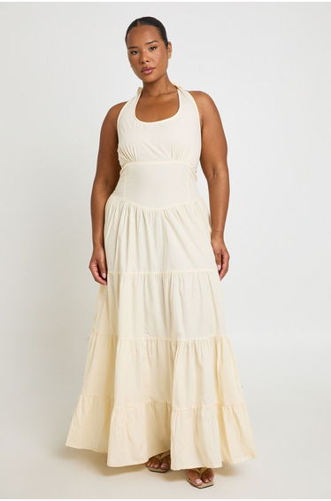 Plus Halterneck Poplin Maxi Dress - lemon
