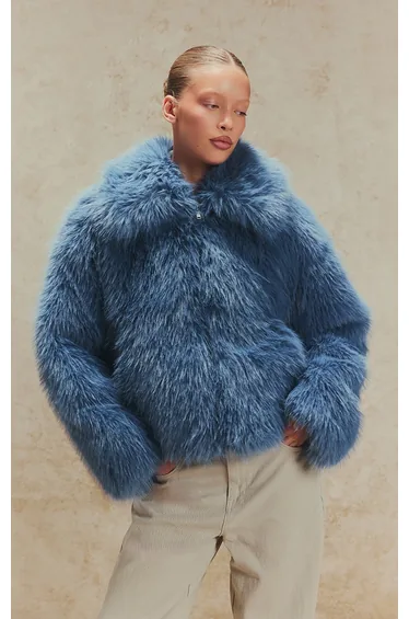 Pastel Blue Oversized Collar Faux Fur Coat
