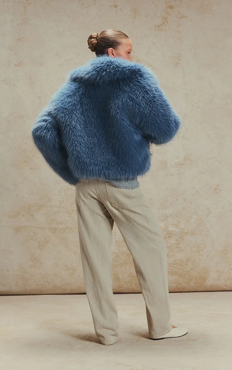 Pastel Blue Oversized Collar Faux Fur Coat - 3