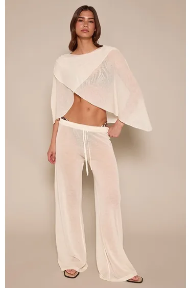 Cream Sheer Knit Wide Leg Trousers