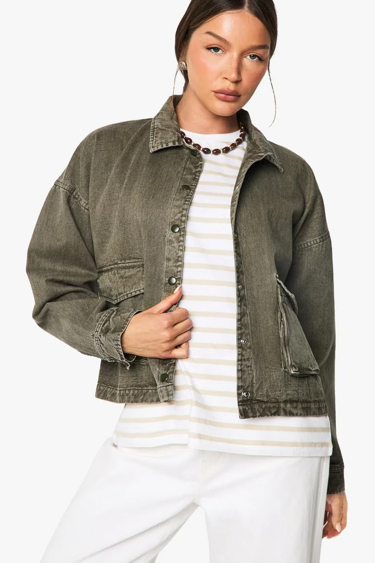 Button Detail Washed Jacket - khaki - 1