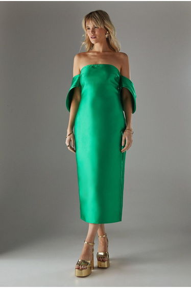 Structured Puff Sleeve Bardot Midi Dress