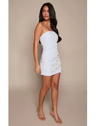 Blue Woven Bandeau Flower Beaded Mini Dress - 2