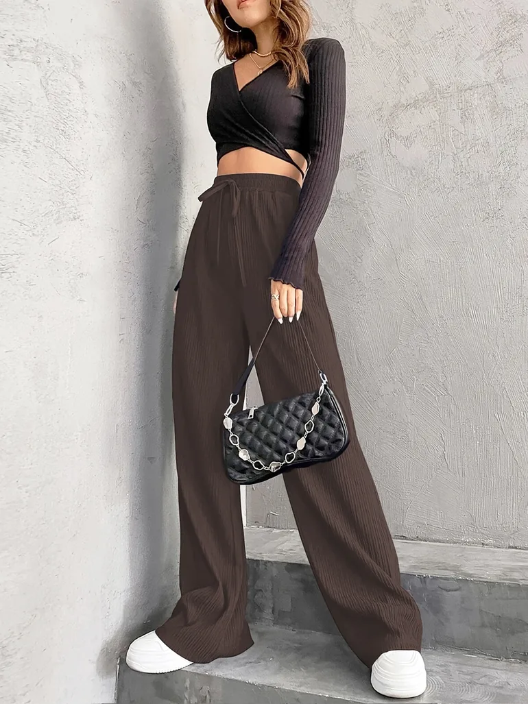Women Brown Textured Drawstring Waist Wide Leg Pants - 4