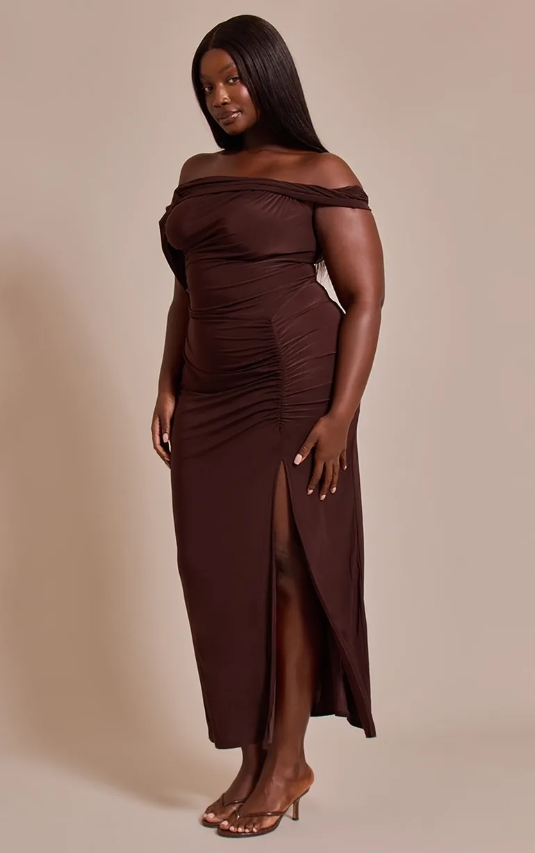 Plus Chocolate Slinky Twist Detail Maxi Dress - 2