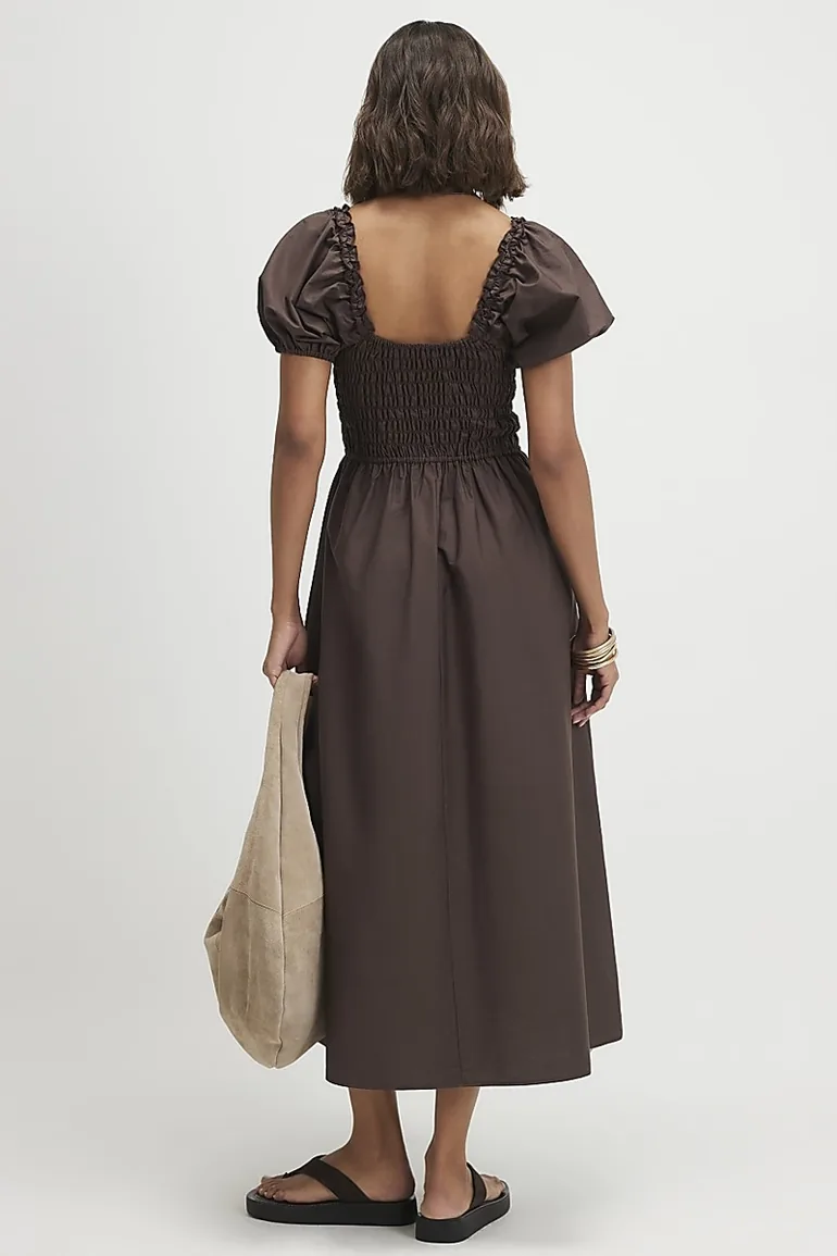 Brown Cotton Shirred Midi Dress - 2