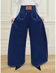 High Waisted Loose Elasticity Pockets Solid Color Zipper Jean Pants Bottoms - 2