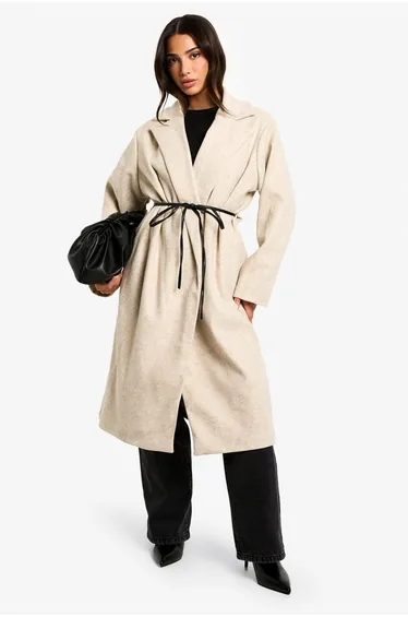 Petite Faux Leather Belt Wool Look Coat - mushroom