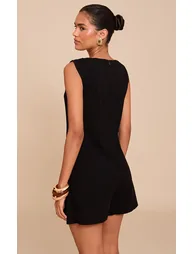 Black Linen Blend Slouchy Boat Neck Playsuit - 1