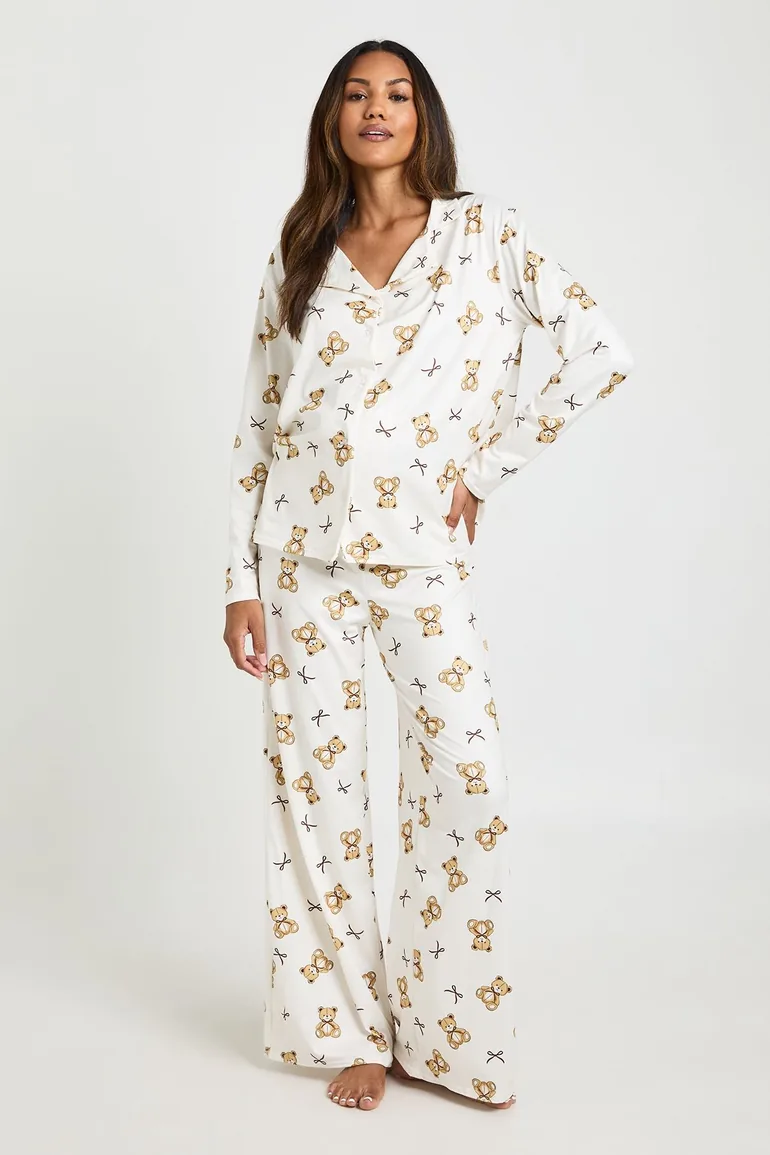 Maternity Bears And Bows Print Long Sleeve Shirt & Trouser Pyjama Set - cream