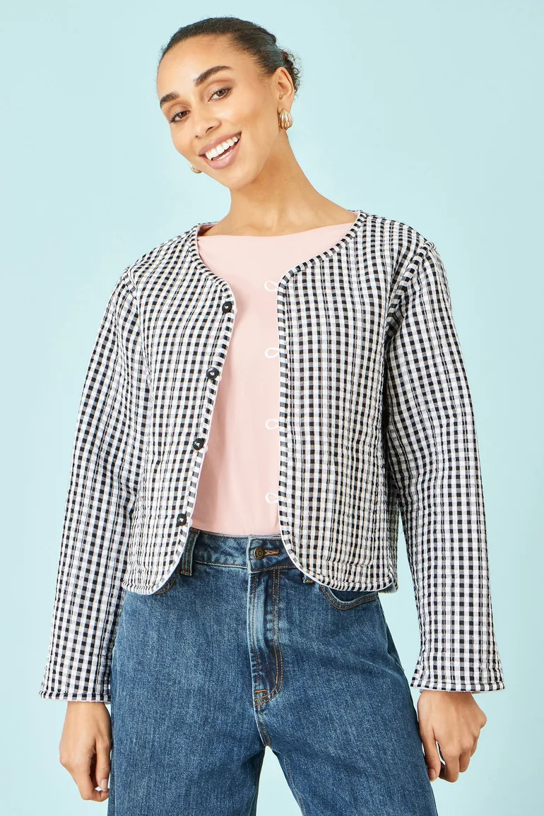 Yumi White Gingham Reversible Cotton Quilted Cropped Jacket - 3