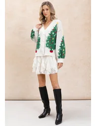 Fairytale Christmas Tree Jacquard Buttoned Knit Cardigan - 9