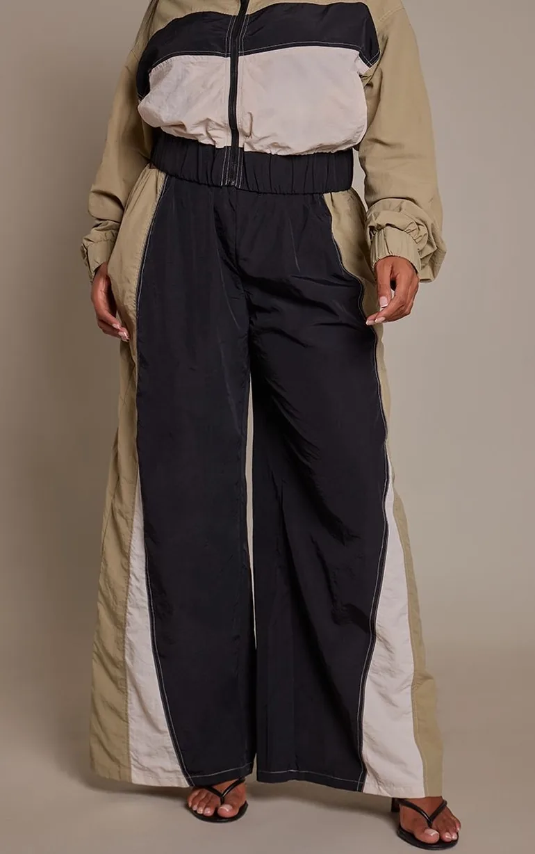 Plus Green Contrast Nylon Wide Leg Trousers - 1