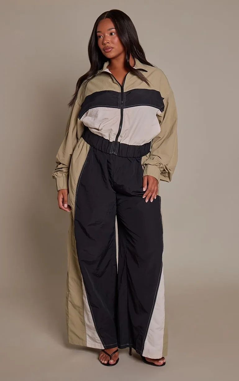 Plus Green Contrast Nylon Wide Leg Trousers