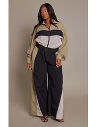 Plus Green Contrast Nylon Wide Leg Trousers
