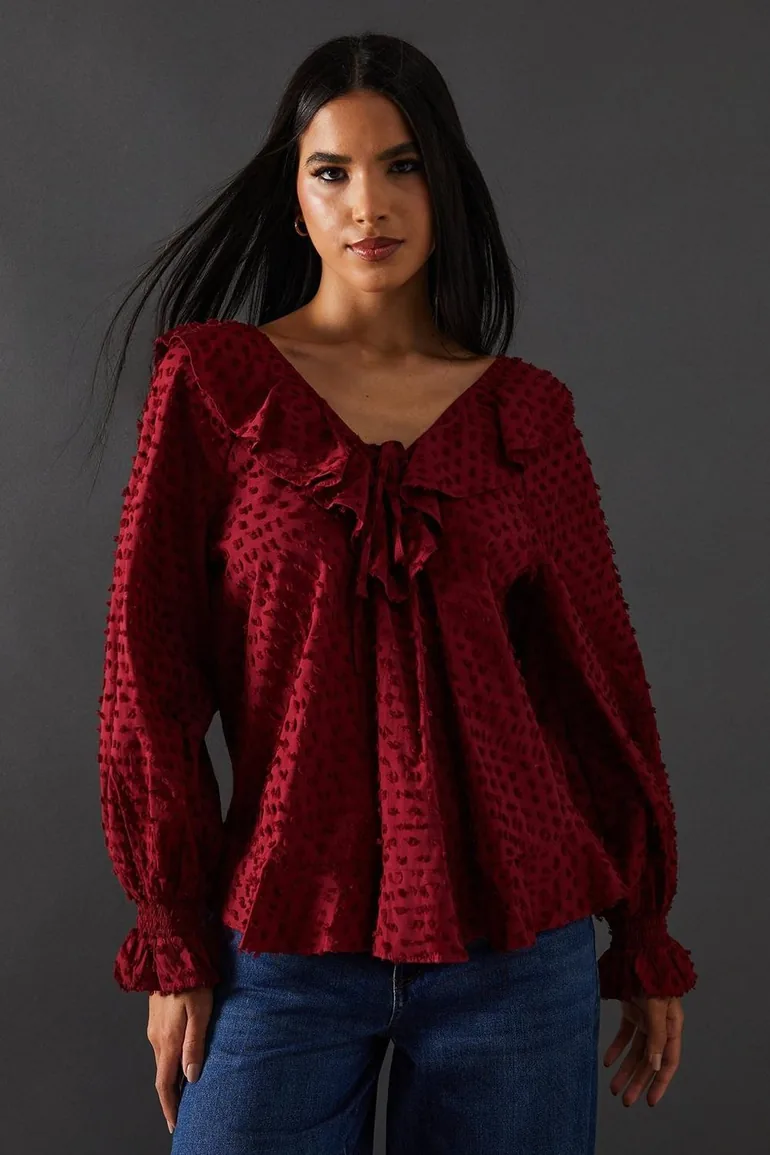 Tufted Dobby Ruffle Neck Tie Front Blouse - 1