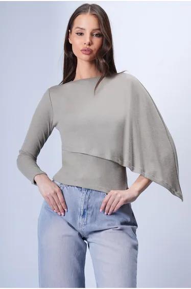 Women's Mink Single Sleeve Fixed Shawl Design Knitted Crop Blouse