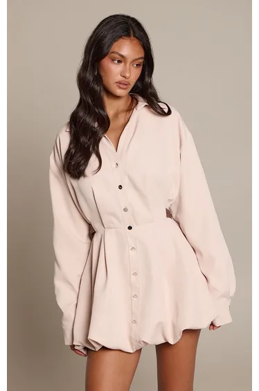 Beige Woven Buckle Waist Detail Puffball Mini Dress