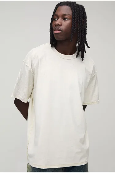 Ecru Oversized Exposed Seam Print Spray Wash T-Shirt - ecru