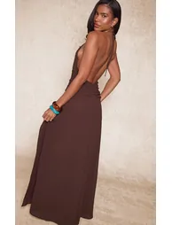 Chocolate Chiffon Plunge Bead Detail Maxi Dress - 1